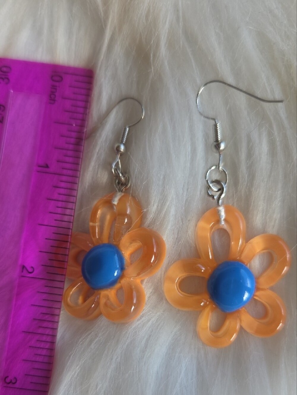 Orange Flower Dangle Earrings with Blue Center - Picture 5 of 5